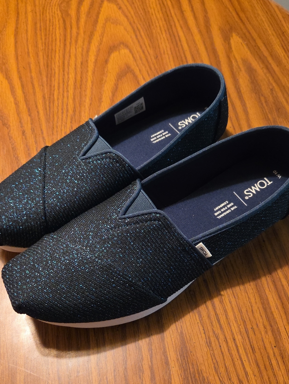TOMS Women’s Black Slip-On Loafers with Teal Sparkle
